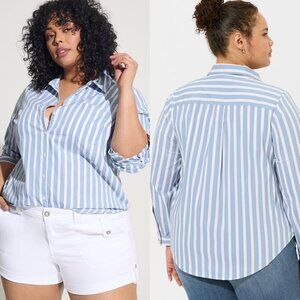 Torrid Blue Striped Madison Poplin Button Up Long Sleeve Shirt